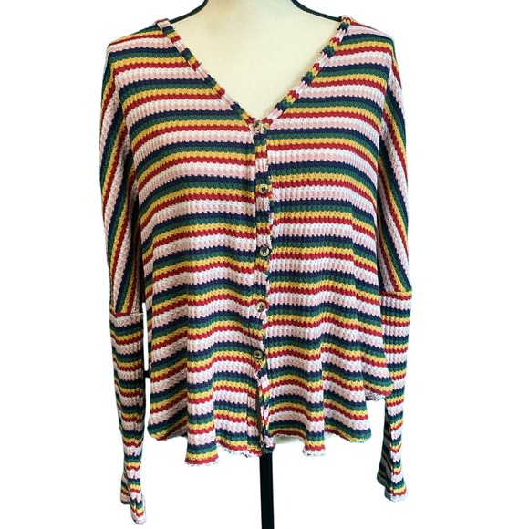 Blu-Pepper Striped Waffle Knit Button Up Cardigan Women's Large - Picture 1 of 10